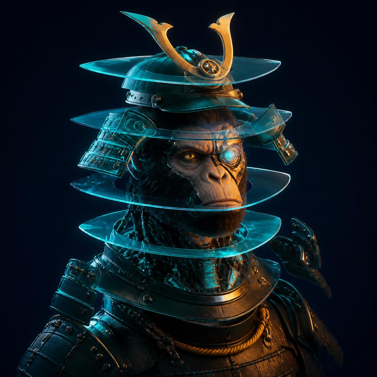 Layered cyber-samurai NFT character rendered as stacked trait layers